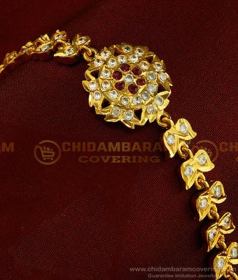 BCT180 - Impon Bracelet One Gram Gold Plated White and Ruby Stone Flower Design Bracelet for Ladies