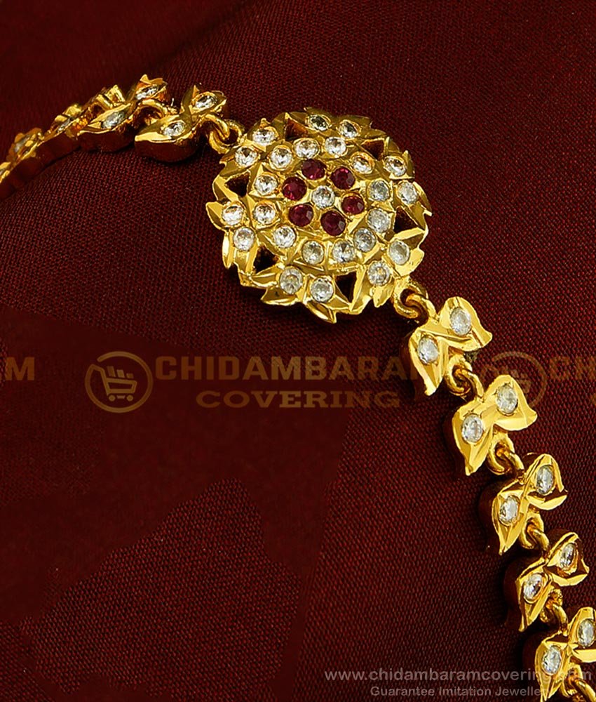 BCT180 - Impon Bracelet One Gram Gold Plated White and Ruby Stone Flower Design Bracelet for Ladies