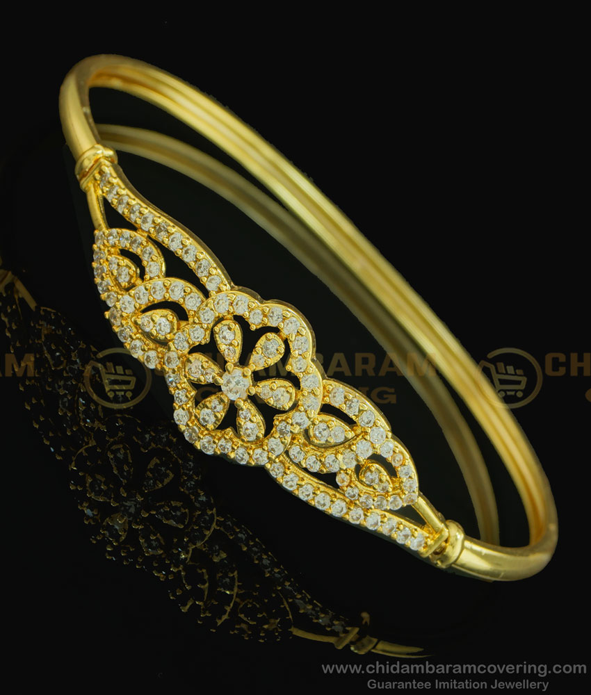 BCT207 - 2.6 size Buy One Gram Gold American Diamond White Stone Flower Design Kada Women's Bracelet 