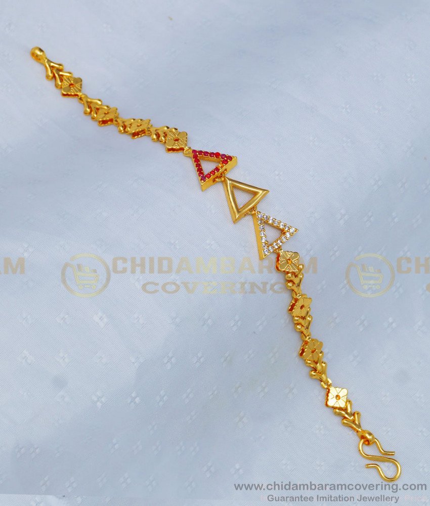 BCT226 - New Triangle Shape Ruby and White Stone Stylish Gold Bracelet Designs for Girls 