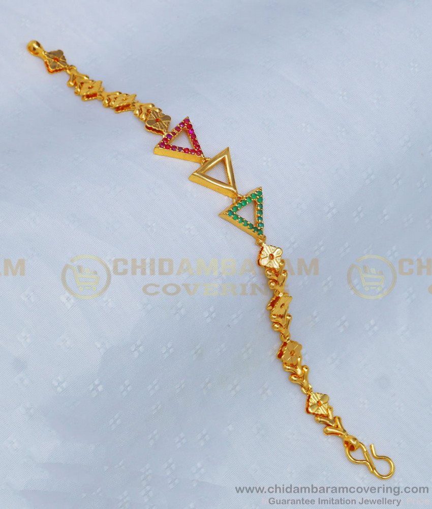 BCT227 - Latest American Diamond Multi Stone Triangle Shape Bracelet Gold Designs Buy Online