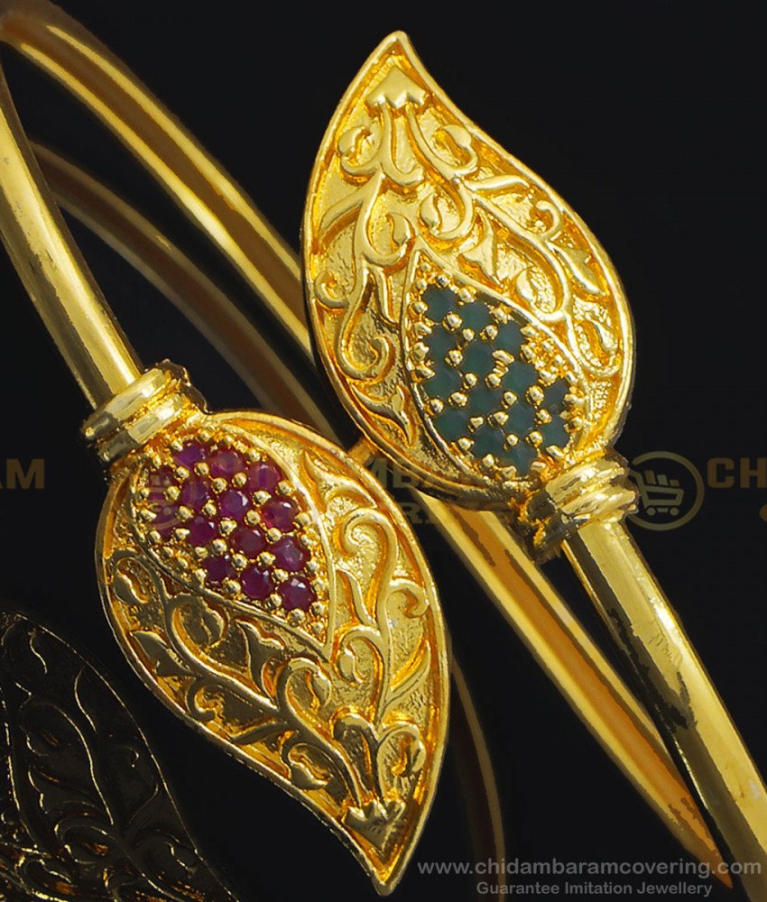 BCT229 - 2.6 Size Trendy Ruby Emerald Stone Leaf Design Bangles Type Bracelet for Women 