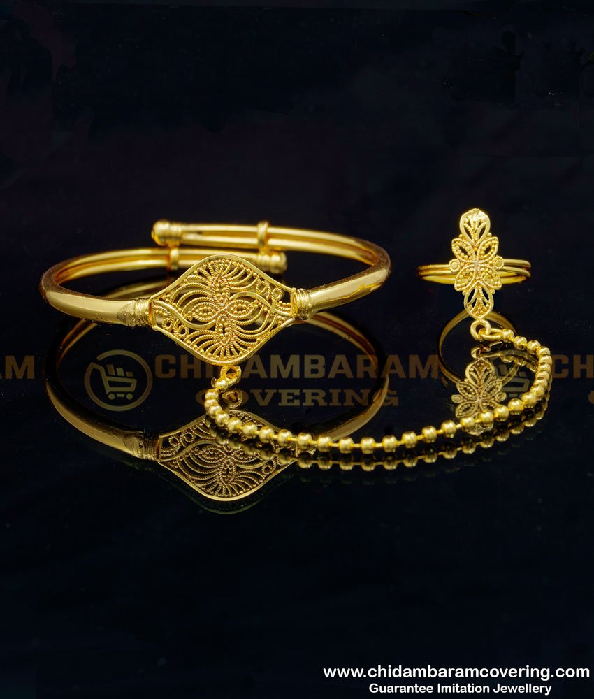 BCT270 - 2.6 size Latest Adjustable Gold Kappu Bracelet with Attached Finger Ring Online