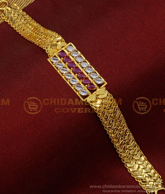 BCT303 - Attractive White and Ruby Stone With 2 Line Heart Design Chain Bracelet Buy Online