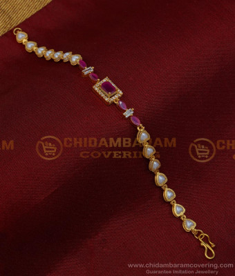 BCT325 - Trendy Heart Design White Pearl White and Ruby Stone Bracelet Design for Teenage Girls