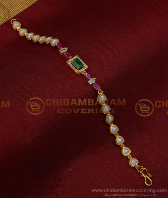 BCT326 - Trendy Bracelets for Ladies Heart Design White Pearl White and Emerald Stone Bracelet Design 