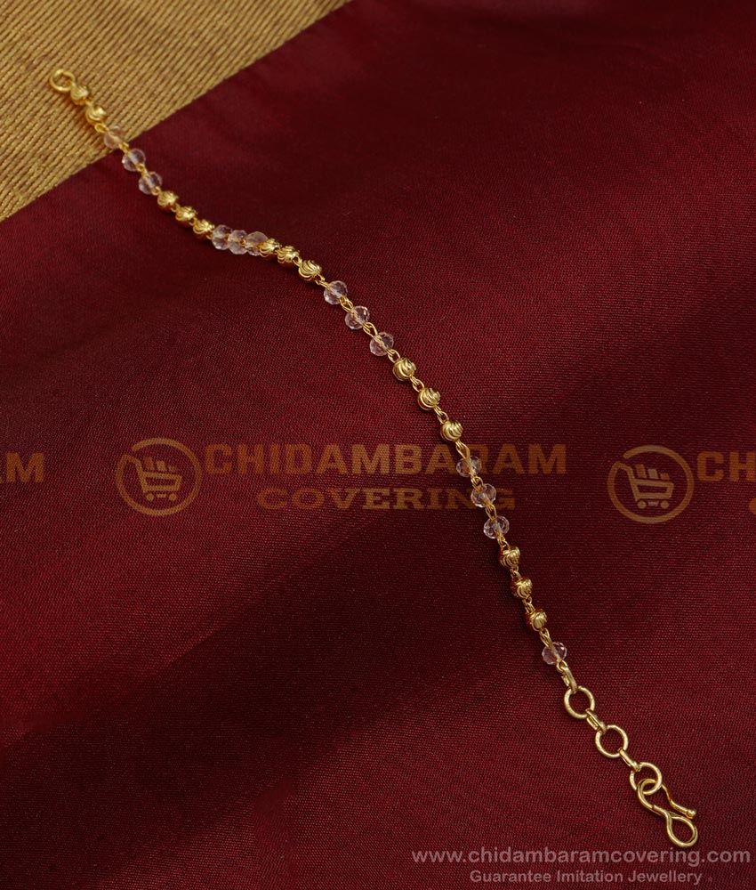 BCT336 - Unique Very Light Pink Color Crystal and Gold Beads Hand Chain for Ladies 