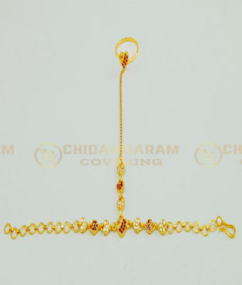 RNG002 - Simple Stone Hand Bracelet with Attached Single Ring Designer Indian Finger Ring Bracelet for Girls 
