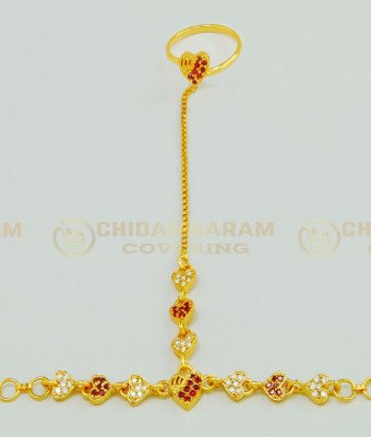 RNG002 - Simple Stone Hand Bracelet with Attached Single Ring Designer Indian Finger Ring Bracelet for Girls 