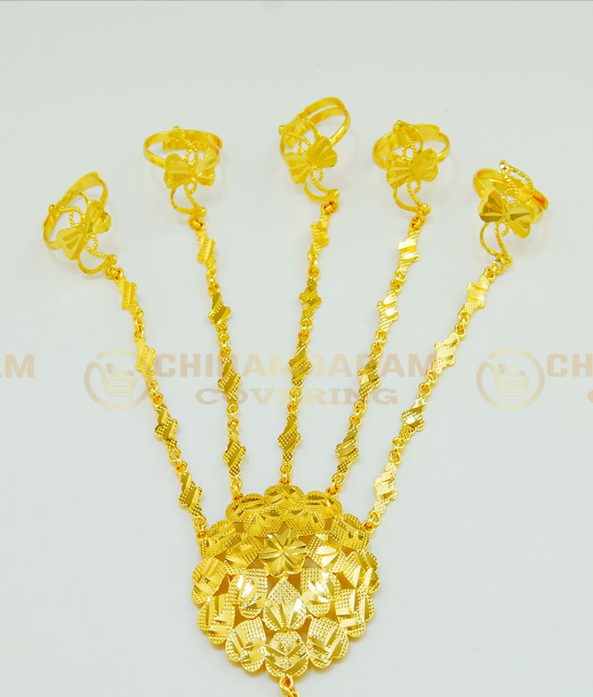 RNG003 - Indian Wedding Hand Jewellery Stunning Gold Flower Design Bracelet With Adjustable 5 Rings Set for Women