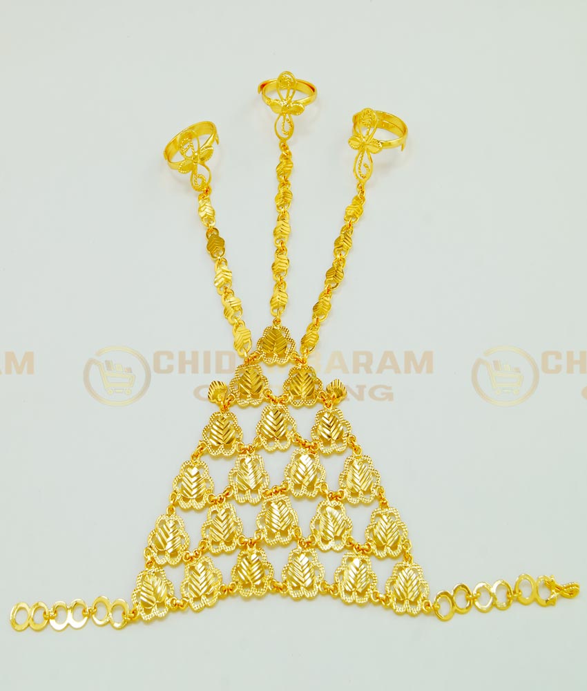 RNG005 - Bridal Wear Full Hand Jewellery One Gram Gold Plated Adjustable 3 Finger Rings Bracelet Set Online