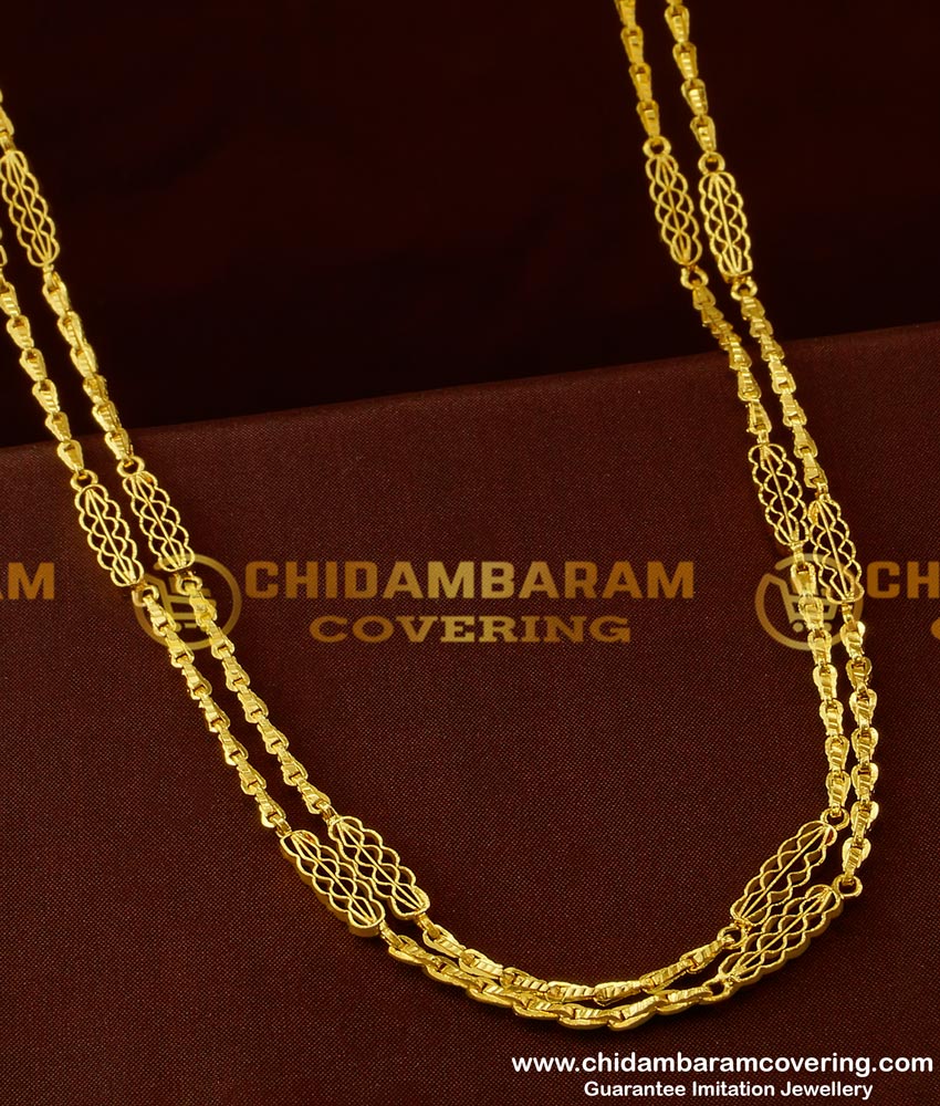 CHN042-LG - 30 inches Long Rettai Vadam Glass Cutting Chain Design Two Line Gobi Chain Online