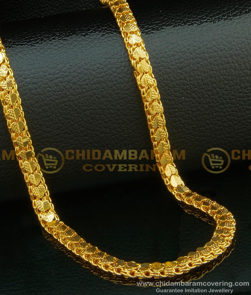 CHN099-LG - 30 Inches Long Stylish Micro Gold Plated Heavy Thick Heart Design Broad Gold Chain for Men 