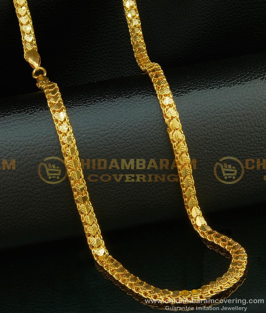 CHN099-LG - 30 Inches Long Stylish Micro Gold Plated Heavy Thick Heart Design Broad Gold Chain for Men 