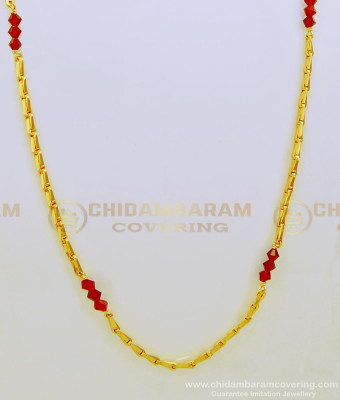 CHN151 - Red Crystal Three Beads with Wheat Chain Design South Indian Gold Plated Jewellery
