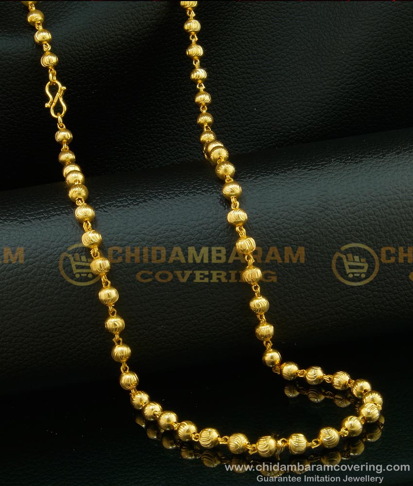 CHN122-XLG - 36 Inches Long Traditional Light Weight Gold Balls C Cutting Gold Plated South Indian Chain Design Online