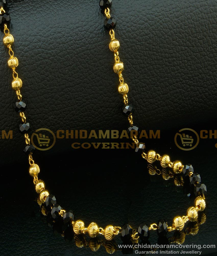 CHN123 - Gold Plated Daily Wear Single Line Gold Balls with Black Crystal Chain 