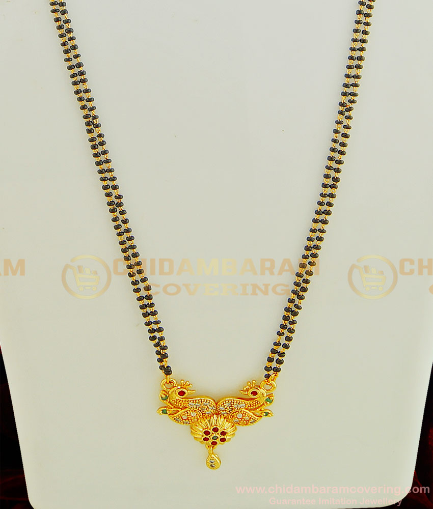 CHN134 - Simple Dilly Wear Black Beads Mala Design Two Line Long Mangalsutra for Women