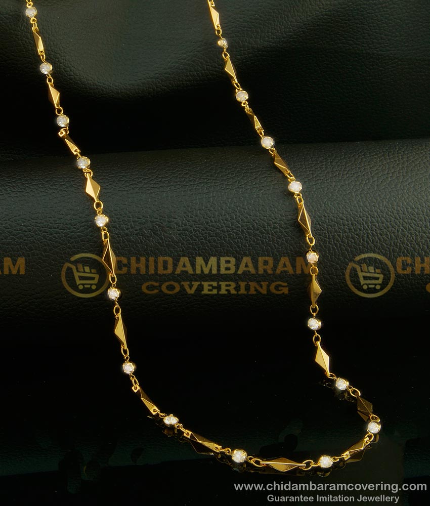 CHN148 - One Gram Gold Plated Designer Ad White Stone Gold Covering Chain for Ladies 