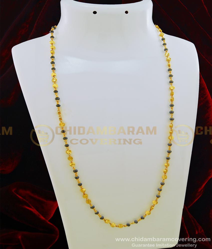 CHN153 - New Design Black Crystal with Gold Beads Chain One Gram Gold Plated Daily Wear Chain Online