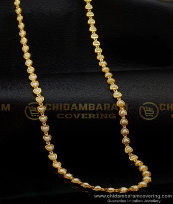 CHN178 - Unique Pattern Stunning Gold Pearl Chain Heart Design with White Beads Chain 1 Gram Gold Chain Buy Online