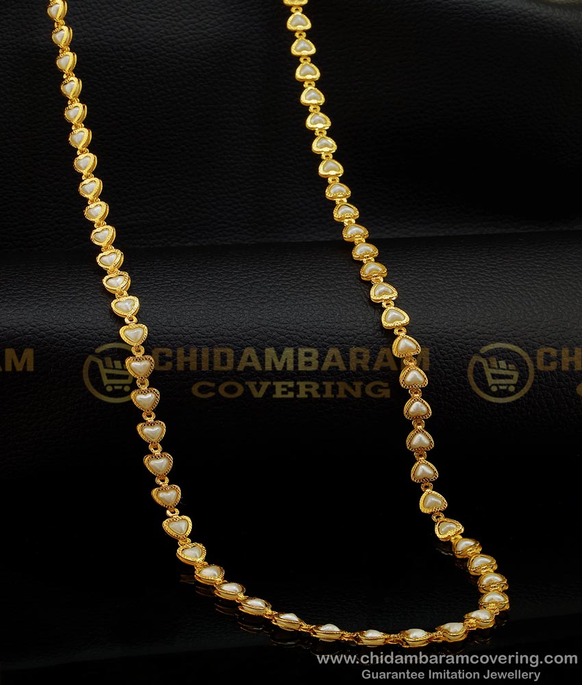 CHN178 - Unique Pattern Stunning Gold Pearl Chain Heart Design with White Beads Chain 1 Gram Gold Chain Buy Online