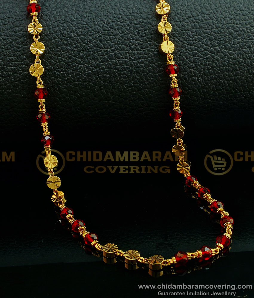 CHN182-LG- 30 Inches New Design Red Crystal Gold Beads Chain Gold Plated Long Golden Beads Mala Online