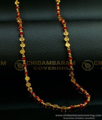 CHN182-LG- 30 Inches New Design Red Crystal Gold Beads Chain Gold Plated Long Golden Beads Mala Online