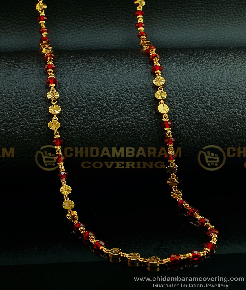 CHN182-LG- 30 Inches New Design Red Crystal Gold Beads Chain Gold Plated Long Golden Beads Mala Online