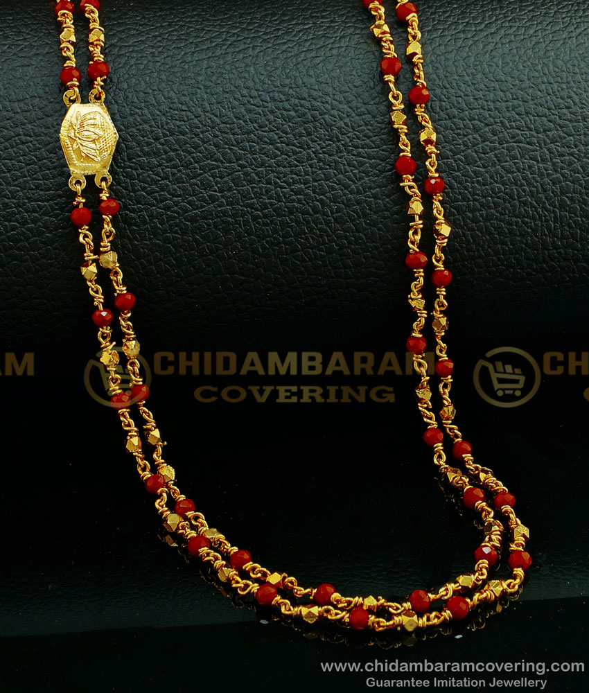 CHN185 - South Indian Double Line Red Crystal with Gold Beads Chain Design Gold Plated Jewellery