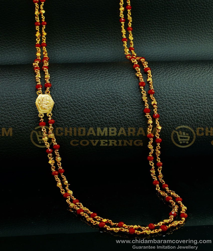 CHN185 - South Indian Double Line Red Crystal with Gold Beads Chain Design Gold Plated Jewellery