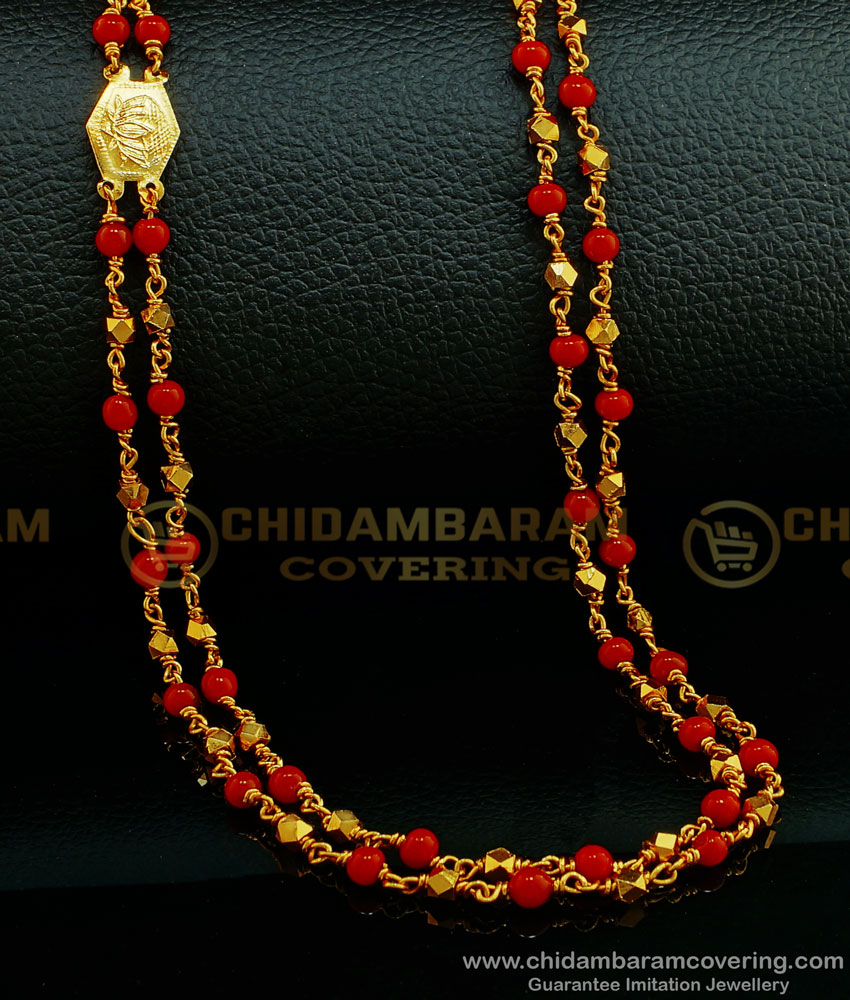 CHN186 - Traditional Rettai Vadam Red Coral Chain One Gram Gold Pavalam Chain Buy Online