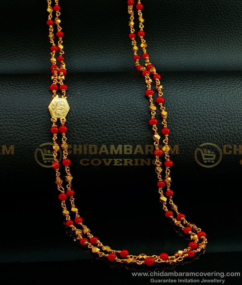 CHN186 - Traditional Rettai Vadam Red Coral Chain One Gram Gold Pavalam Chain Buy Online