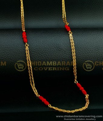 CHN187 - Traditional New Pattern Red Coral Two Line With Single Line Chain Gold Pavazham Chain Buy Online