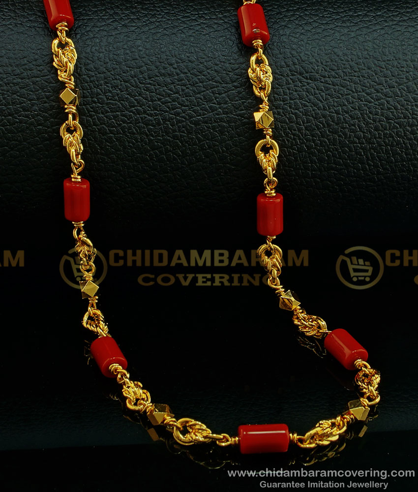 CHN189 -LG- 30 Inches Traditional Red Coral Beads with Golden Beads Chain One Gram Gold Plated Chain Collections