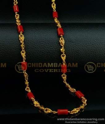 CHN189 -LG- 30 Inches Traditional Red Coral Beads with Golden Beads Chain One Gram Gold Plated Chain Collections