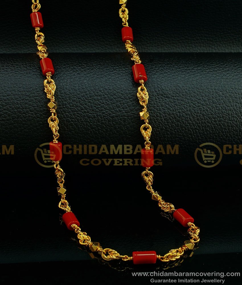 CHN189 -LG- 30 Inches Traditional Red Coral Beads with Golden Beads Chain One Gram Gold Plated Chain Collections