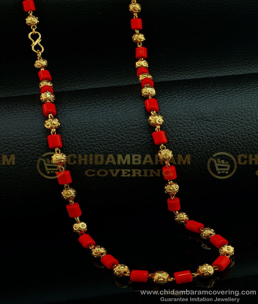 CHN190 - One Gram Gold Red Coral Beads with Golden Ball Chain for Women