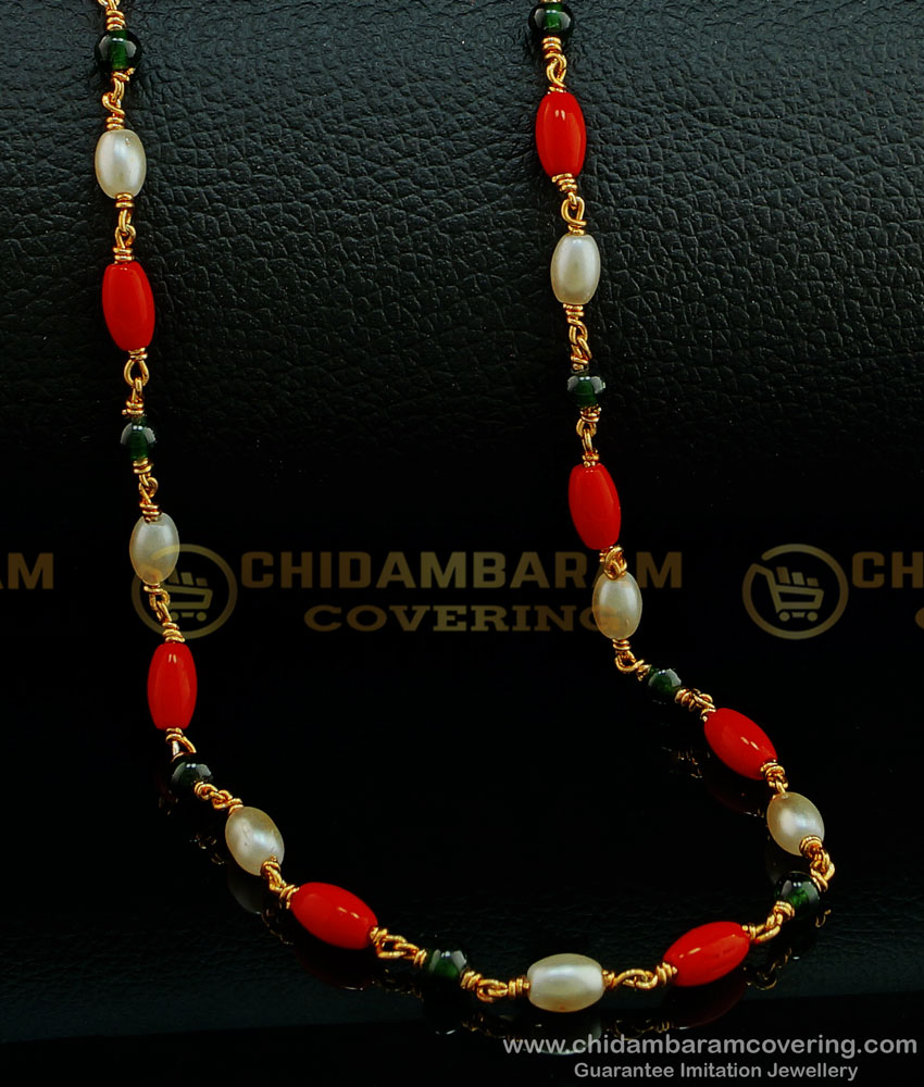 CHN191 - Trendy Pearl Coral with Beads Navaratna Malai Single Line Multi Colour Beads Chain Online