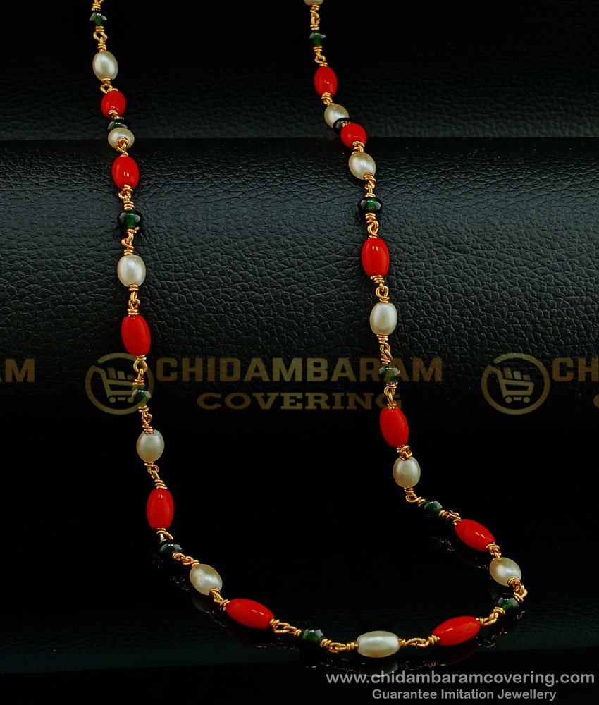 CHN191 - Trendy Pearl Coral with Beads Navaratna Malai Single Line Multi Colour Beads Chain Online