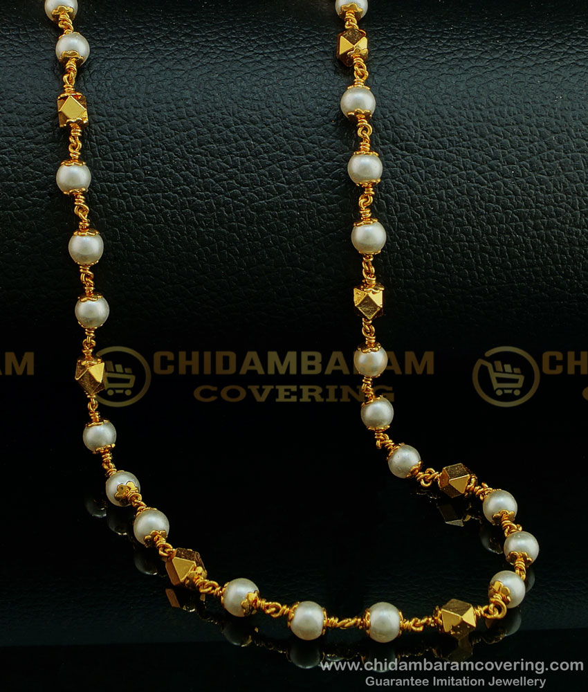 CHN195 - Pure Gold Plated Gold Muthu Mala Designs Pearl With Gold Beads Chain Buy Online