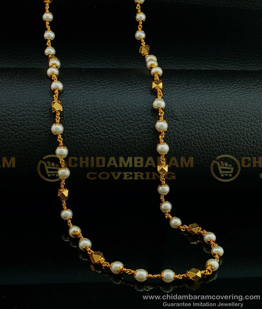 CHN195 - Pure Gold Plated Gold Muthu Mala Designs Pearl With Gold Beads Chain Buy Online