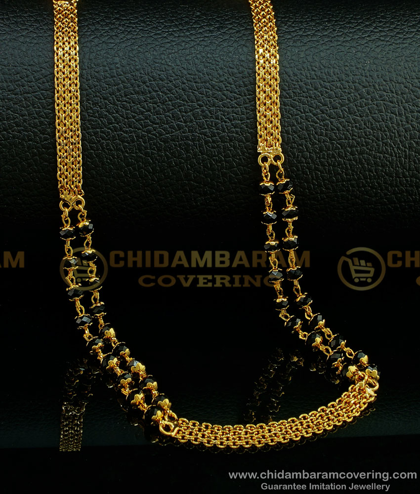 CHN196 - Stunning Gold Two Line Black Crystal with One Gold Chain Mangalsutra Chain Online 
