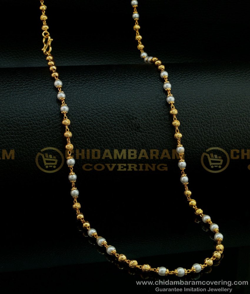 CHN209 - Trendy One Gram Gold Pearl Chain Designs Muthu Malai Chain Best Price Online
