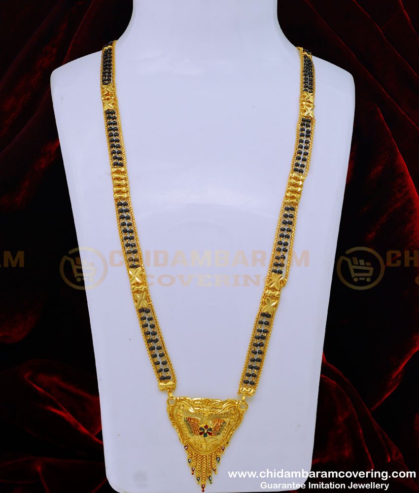 CHN215 - 30 Inches Traditional Mangalsutra with Black Beads Forming Gold Long Mangalsutra Online