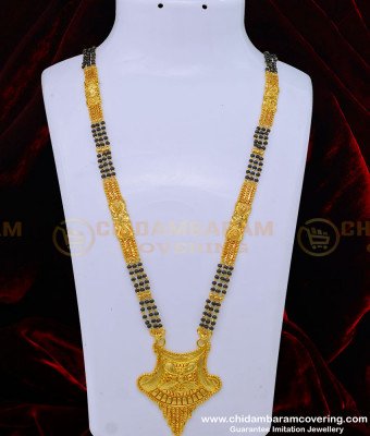CHN217 - 30 Inches Gold Pattern Gold Forming 3 Line Daily Wear Long Black Beads Mangalsutra Designs