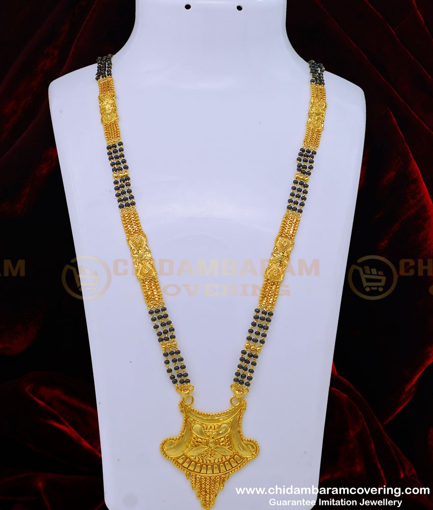 CHN217 - 30 Inches Gold Pattern Gold Forming 3 Line Daily Wear Long Black Beads Mangalsutra Designs
