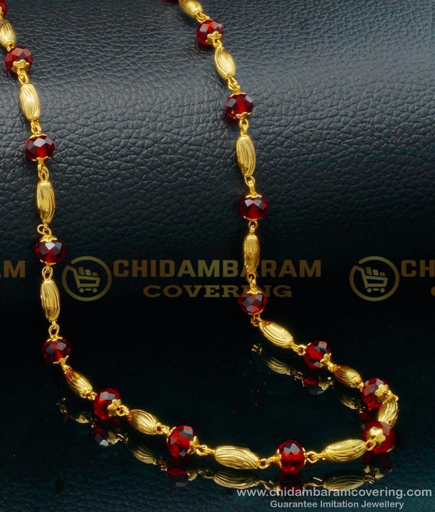CHN223 - Beautiful One Gram Gold Red Crystal Mala Daily Wear Crystal Chain for Women