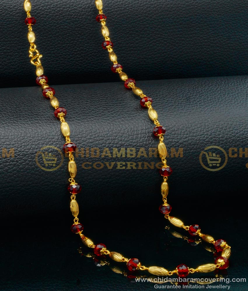 CHN223 - Beautiful One Gram Gold Red Crystal Mala Daily Wear Crystal Chain for Women