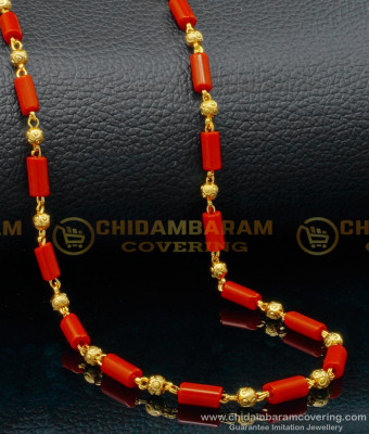 CHN226 - Traditional One Gram Gold Daily Use Red Coral Beads Chain for Ladies 